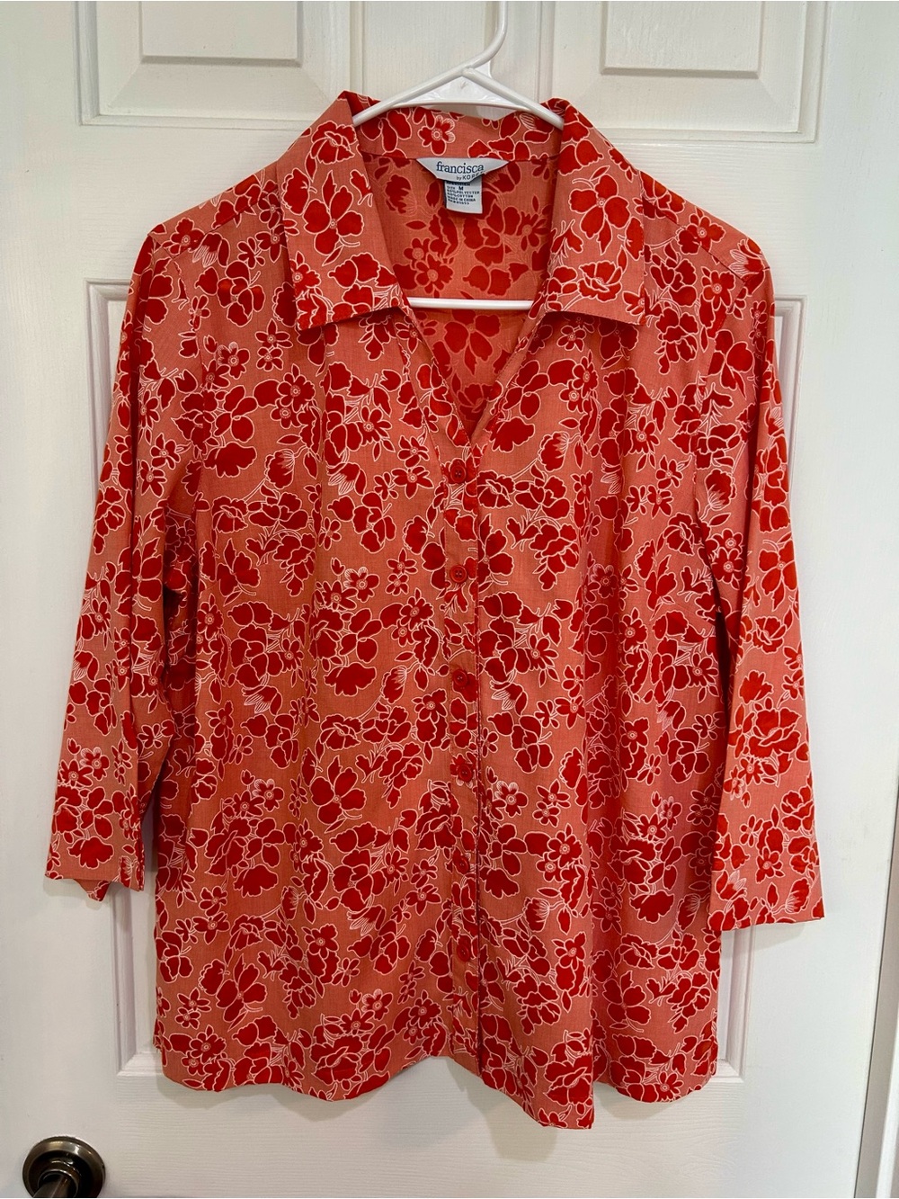 Francisca by Koret Orange Floral Button Down Shirt 3/4 Sleeve Med Vintage Style